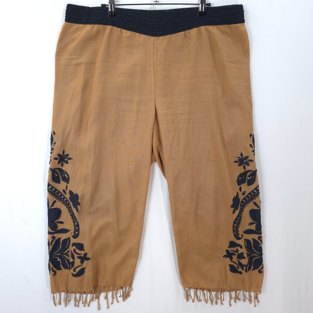 Soft Surroundings Crop Wide Leg Pants Fringe Hem Embroidered Tan Boho Pull On‎